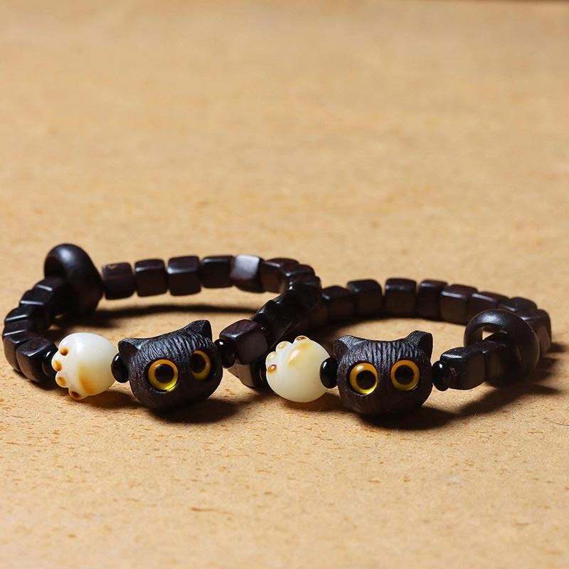 Ebony Wood Cute Cat Bodhi Seed Paw Claw Square Beads Calm Bracelet