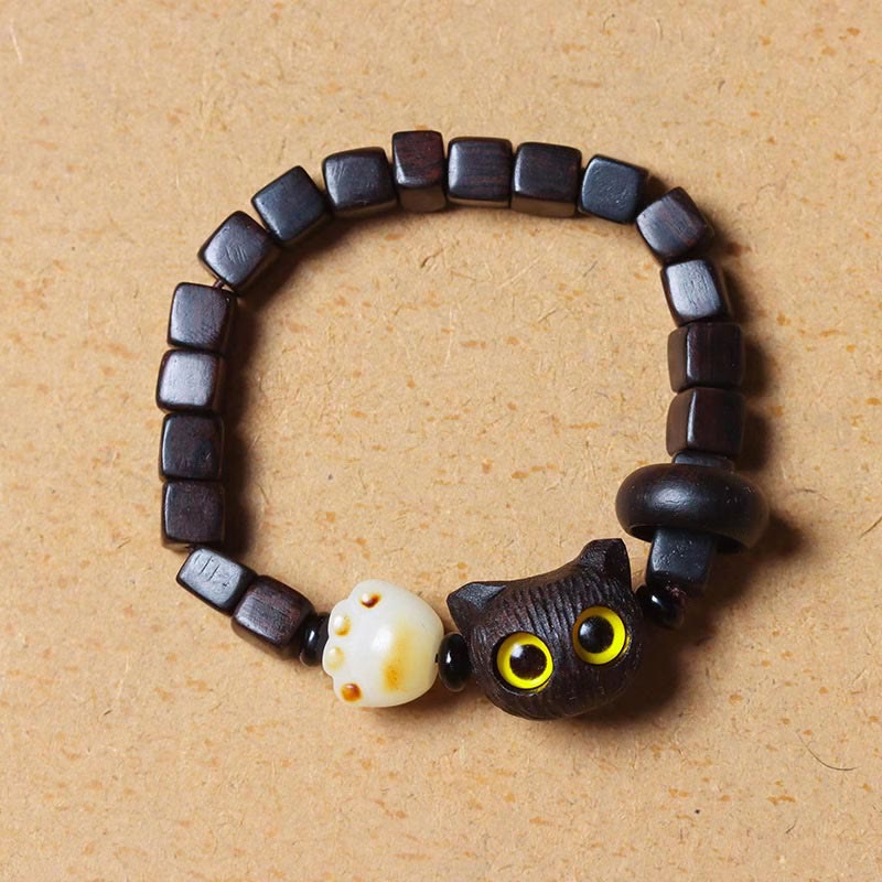 Ebony Wood Cute Cat Bodhi Seed Paw Claw Square Beads Calm Bracelet
