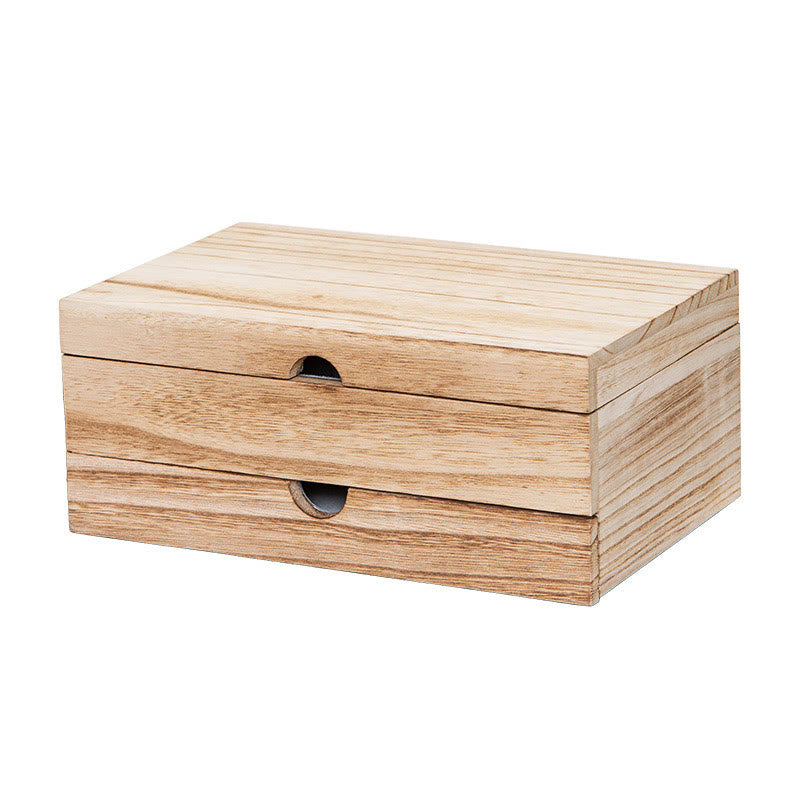 Retro Beige Paulownia Wood Two-Layer Jewelry Storage Box with Mirror