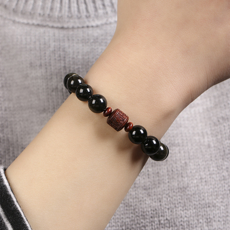 Natural Gold Sheen Obsidian Rainbow Obsidian Om Mani Padme Hum Fu Character Healing Bracelet