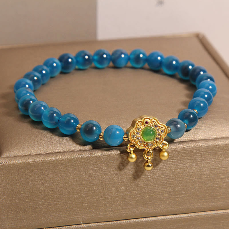 Vibrant Blue Candy Agate and Green Quartz Longevity Lock Charm Bracelet