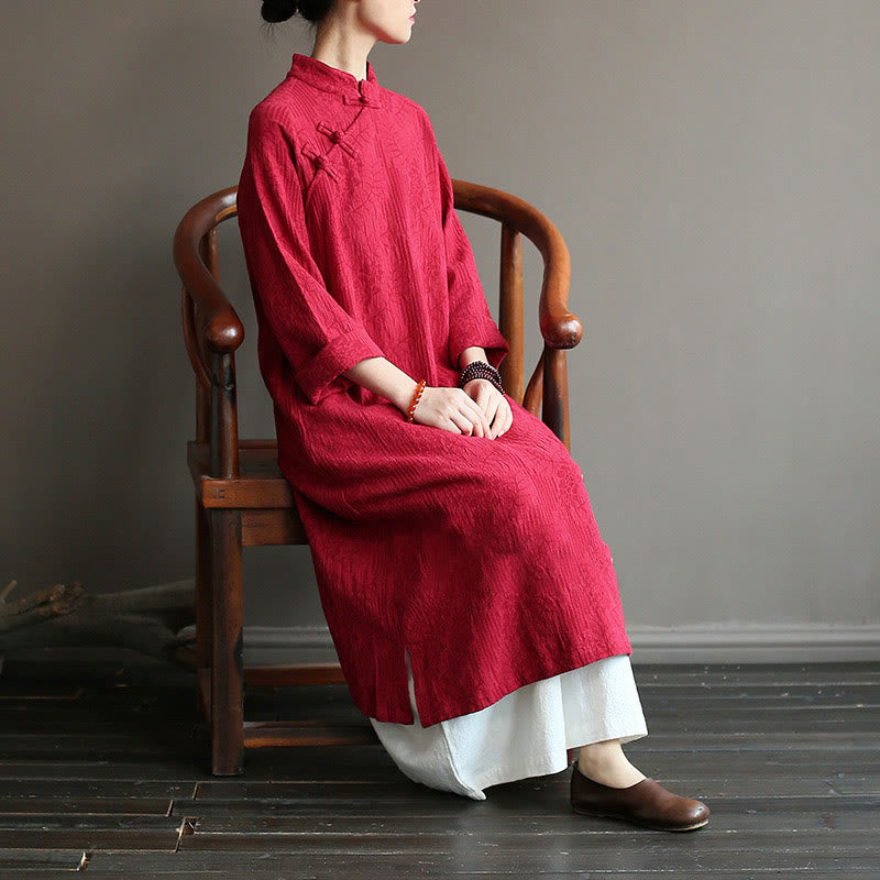 Flower Jacquard Midi Dress Long Sleeve Cotton Linen Dress Wide Leg Pants With Pockets