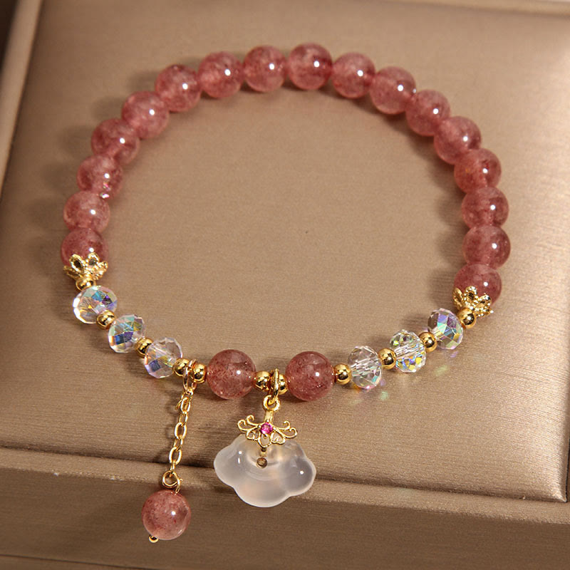 Natural Strawberry Quartz and White Agate Auspicious Cloud Beaded Crystal Bracelet