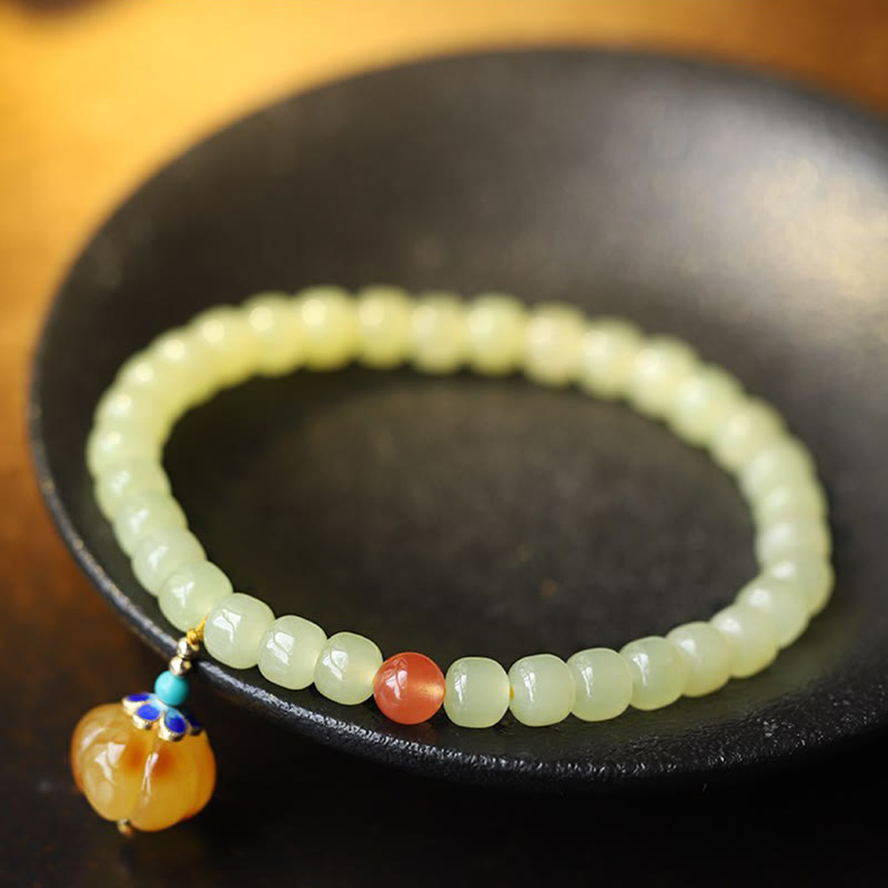 Natural Hetian Jade Amber and Red Agate Pumpkin Carved Gemstone Bracelet