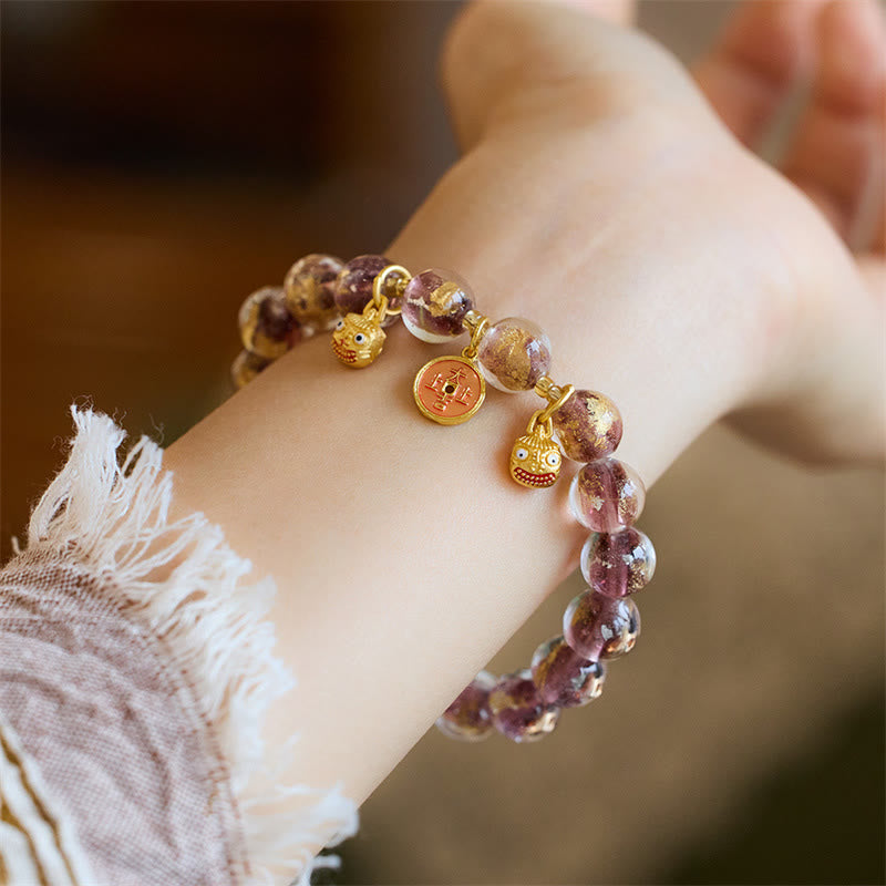 Gold Pixiu and Chinese Coin Liuli Glass Bead Energy Bracelet