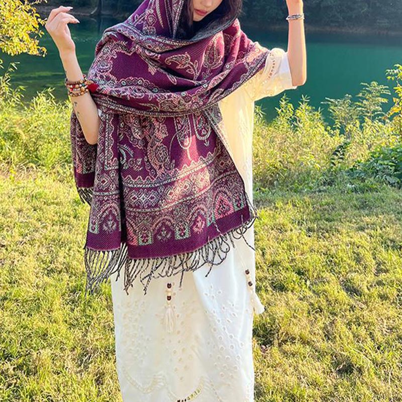 Vintage Tibetan Leaves Pattern Design Shawl Cozy Travel Scarf Wrap