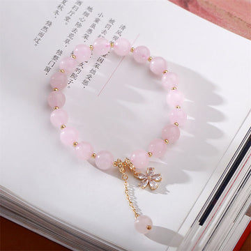 Natural Rose Quartz and Gold Copper Plum Blossom Beaded Bracelet