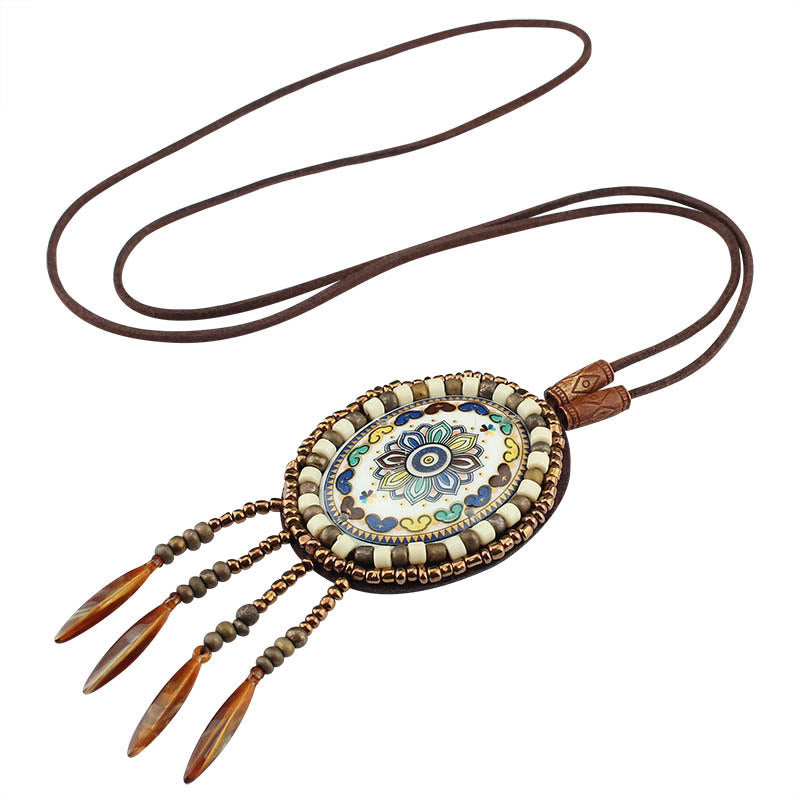 Mandala Pattern Geometric Creativity Pendant Necklace with Colorful Beads