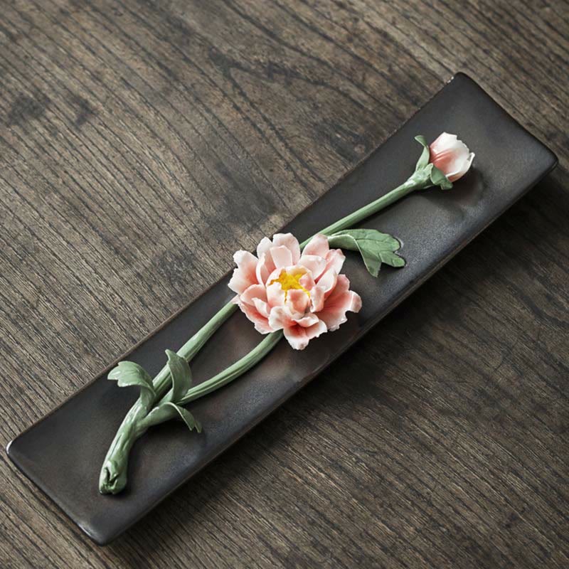 Zeniora Ceramic Incense Burner with Peony & Lotus Motifs for Mindful Ambiance