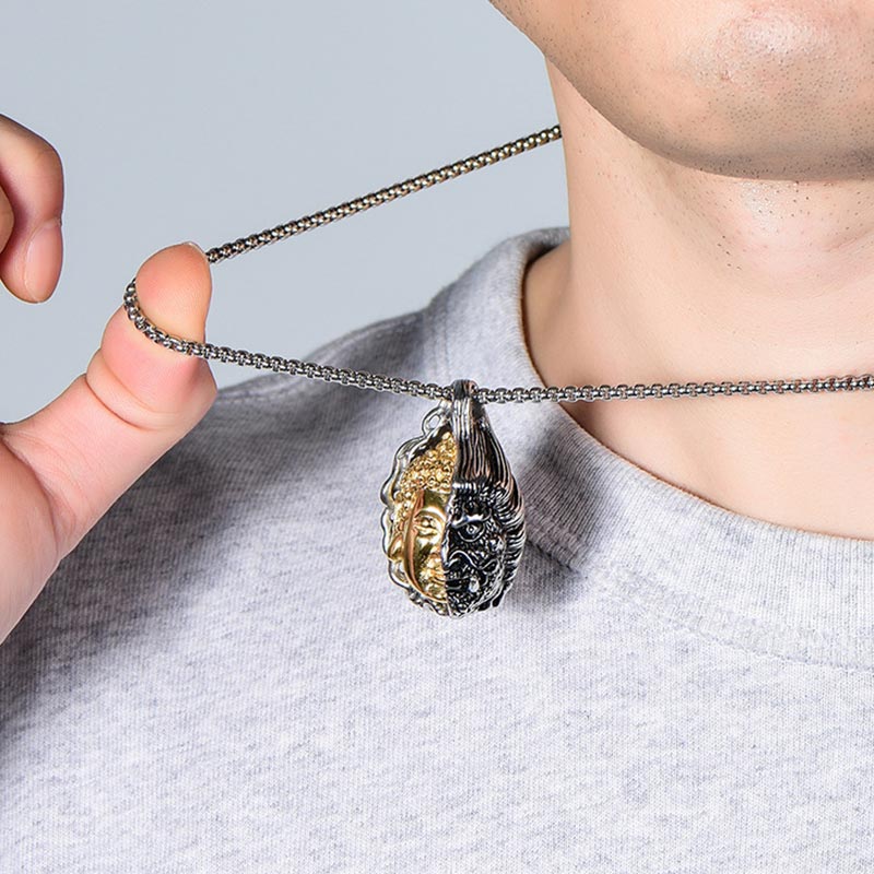 Dualistic Half Buddha Half Devil Titanium Steel Pendant Necklace for Men and Women