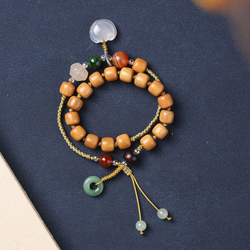 Green Sandalwood Chalcedony Peace Buckle Charm Soothing Double Wrap Bracelet
