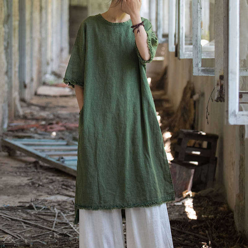 Mid Length Dress Ramie Linen Half Sleeve Split Hem Top T-Shirt