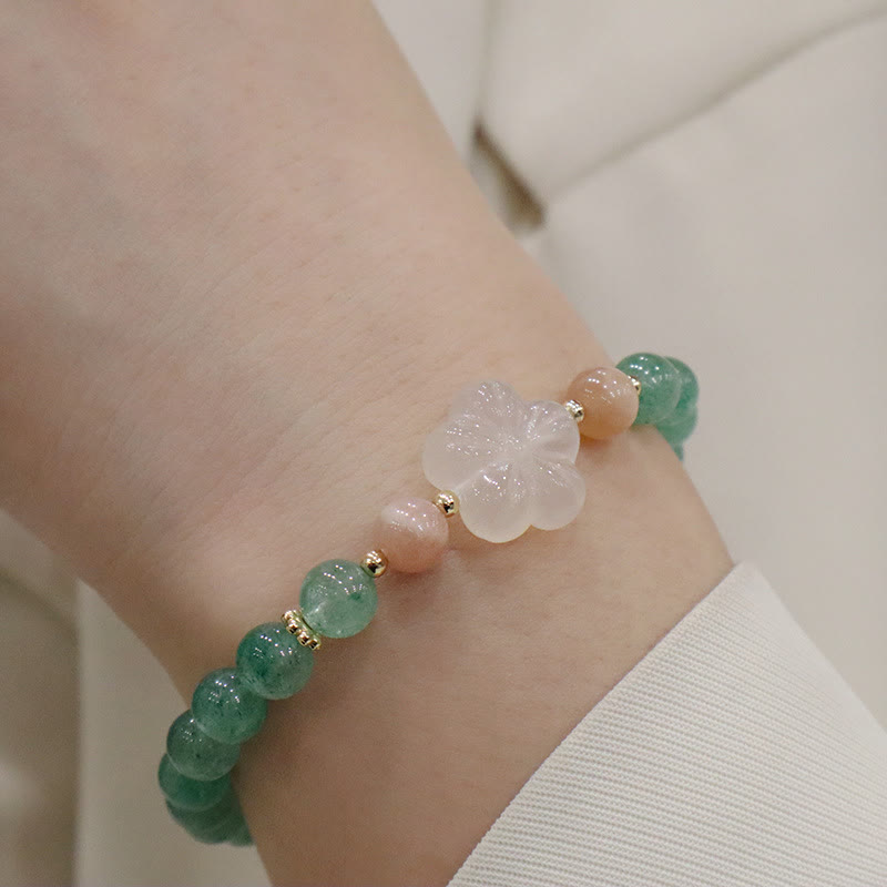 Natural Green Strawberry Quartz and Chalcedony Flower Beaded Bracelet