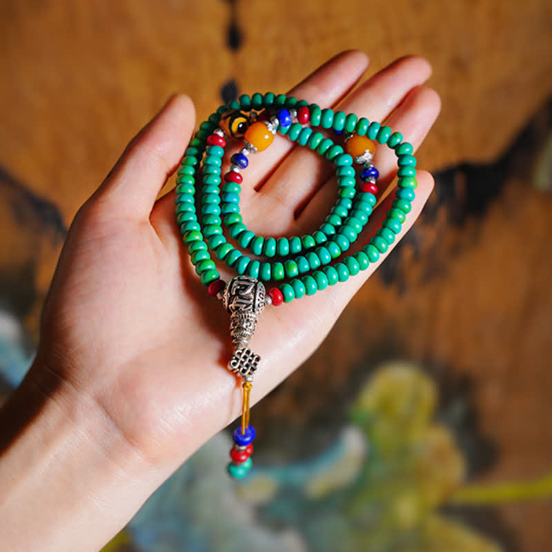 108 Tibetan Turquoise Amber and Dzi Bead Meditation Mala Bracelet
