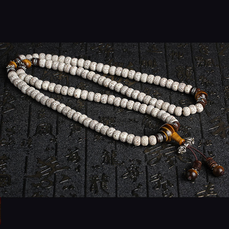 Handmade Tibetan Tiger Eye and Bodhi Seed 108-Bead Buddha Mala Peace Bracelet