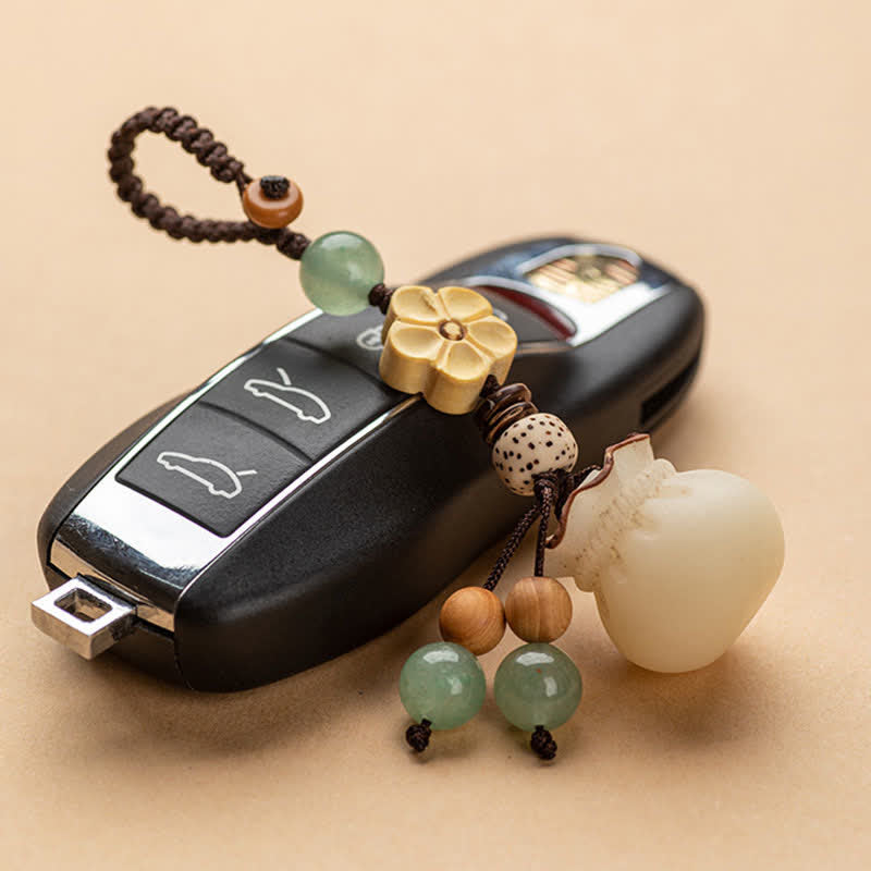 Handmade Bodhi Seed, Aventurine & Boxwood Money Bag Botanical Keychain