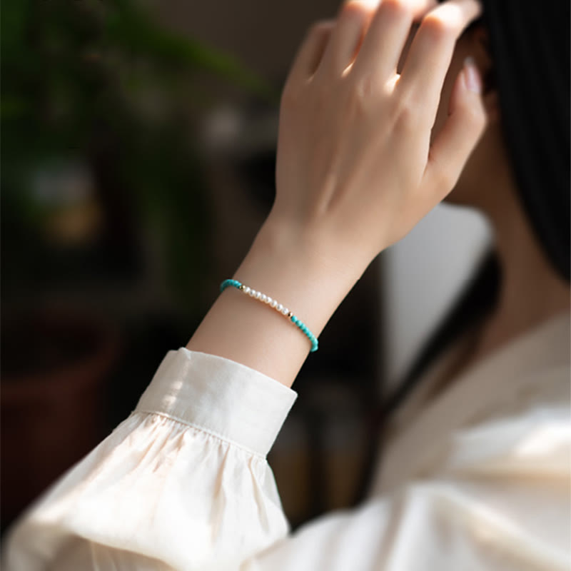 Handcrafted 925 Sterling Silver Natural Turquoise and Pearl Beaded Gold-Tone Bracelet