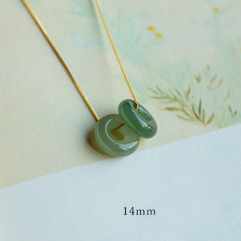 Natural Round Jade Ping An Kou 925 Sterling Silver Gold Plated Pendant Necklace