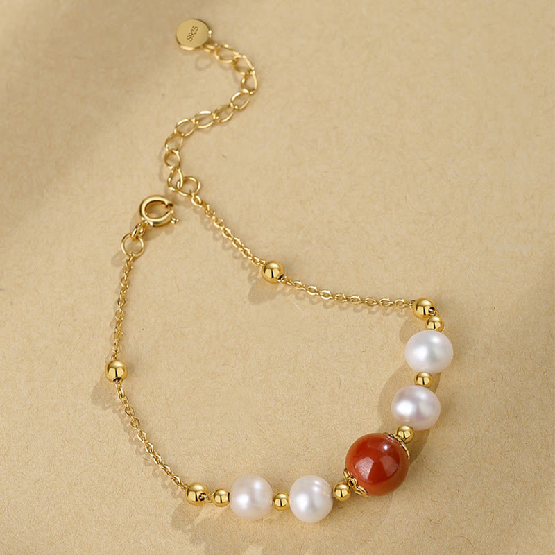 925 Sterling Silver Cinnabar and Pearl Bead Chain Adjustable Bracelet