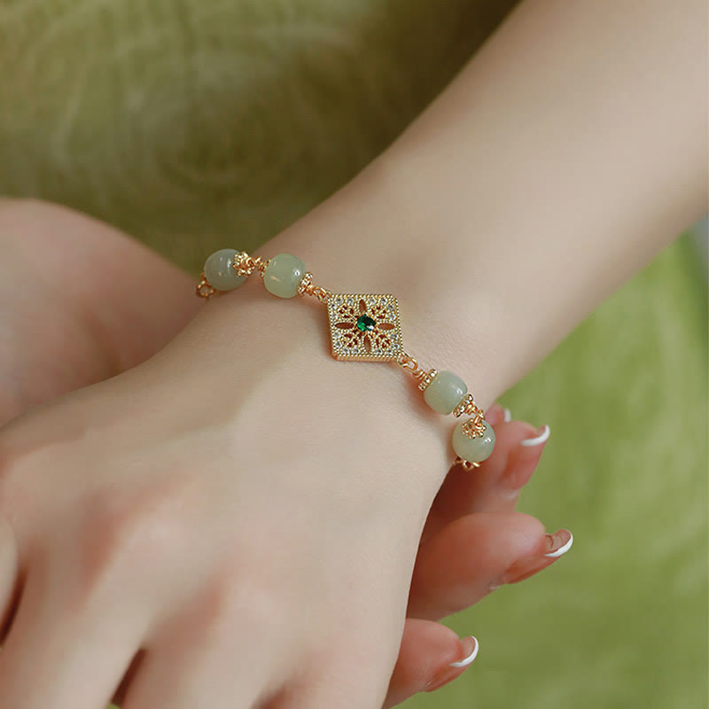 Handcrafted Natural Hetian Jade Bead Square Pattern Chain Bracelet