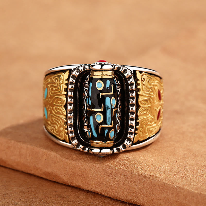 Tibetan Nine-Eye Dzi Bead Wealth Blessings Rotatable Ring