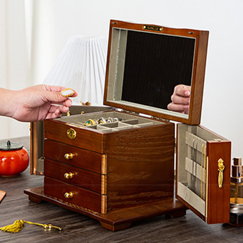 Vintage Large Capacity Wooden Jewelry Box Jewelry Storage Box With Mirror