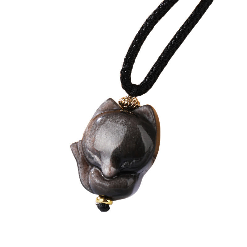 Natural Silver Sheen Obsidian Nine Tailed Fox Protection Necklace Pendant