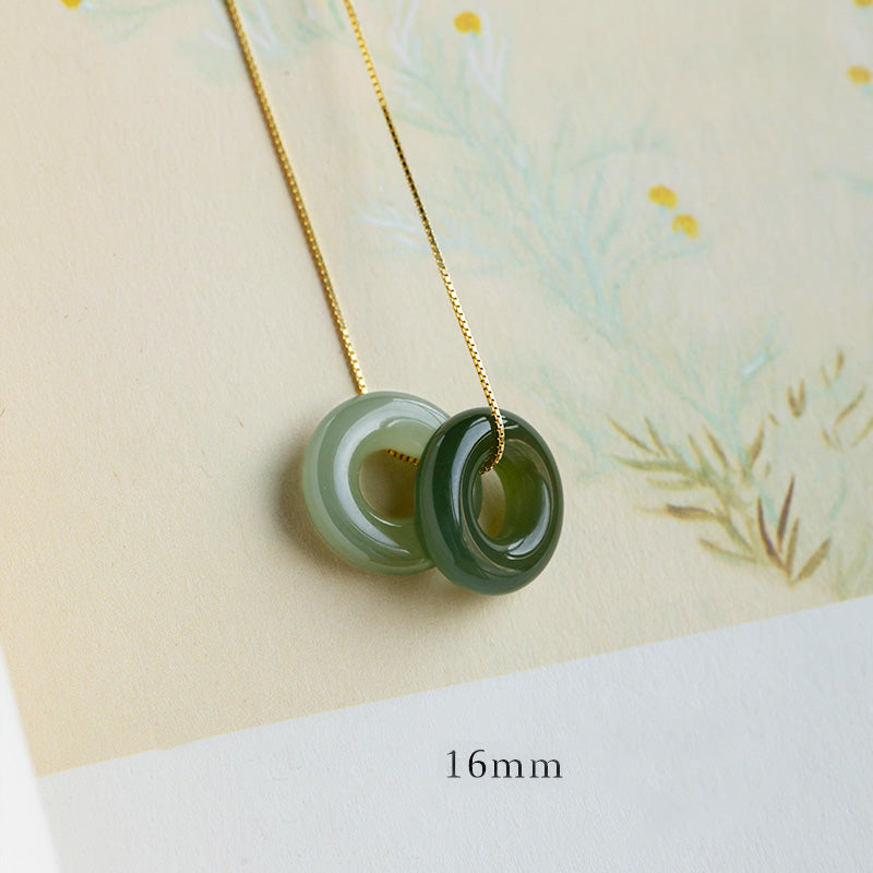 Natural Round Jade Ping An Kou 925 Sterling Silver Gold Plated Pendant Necklace