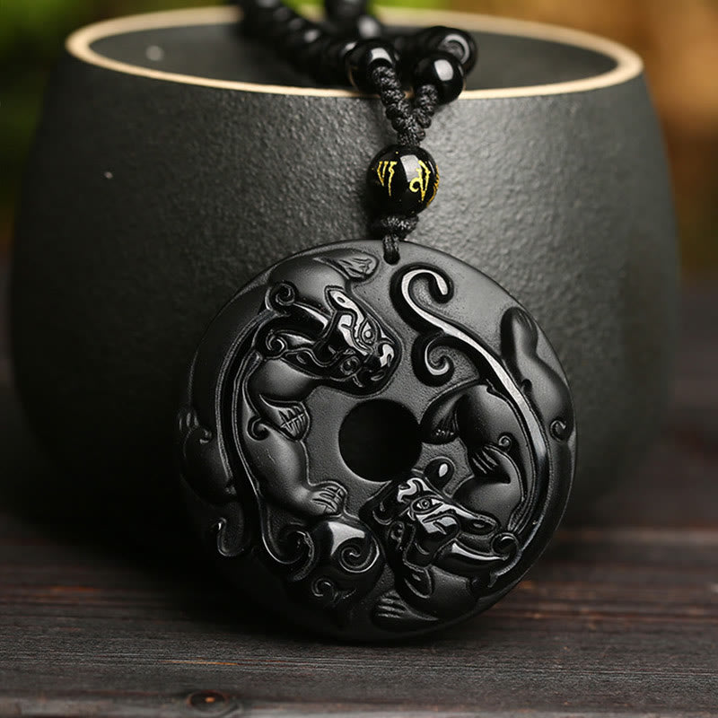Natural Black Obsidian Peace Buckle Pixiu Bead Rope Strength Necklace Pendant