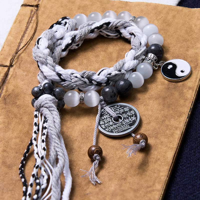 Mountain Ghost Coin & Yin Yang Bagua Rune Double Layer Rope Bracelet