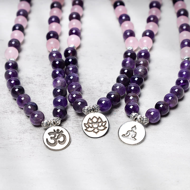 Natural Rose Quartz & Amethyst Om Mani Padme Hum Mala Bead Pendant Bracelet