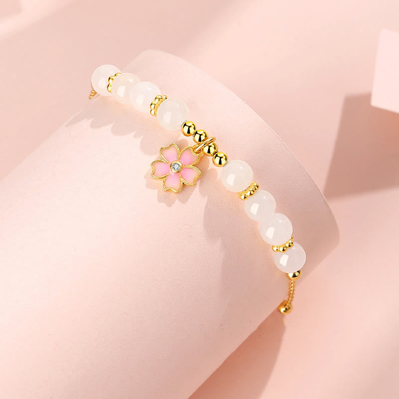 925 Sterling Silver Hetian White Jade Cherry Blossom Zircon Chain Bracelet