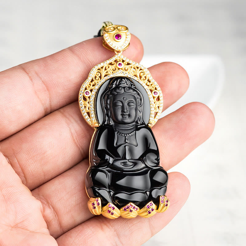 925 Sterling Silver Natural Black Jade Kwan Yin Avalokitesvara Wealth Necklace Pendant