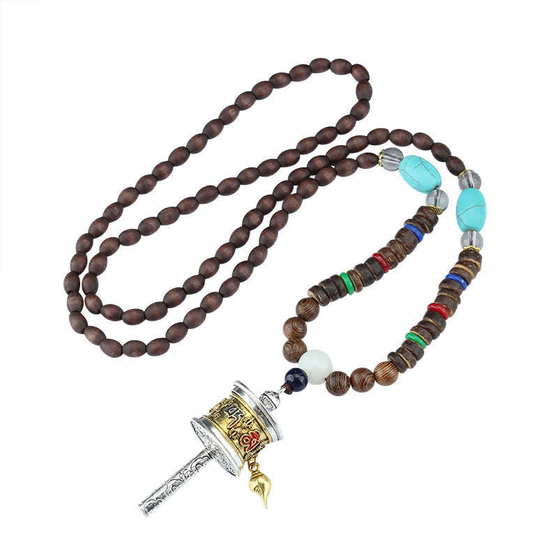 Tibetan Om Mani Padme Hum Prayer Wheel Rotation Vajra Wood Necklace Pendant