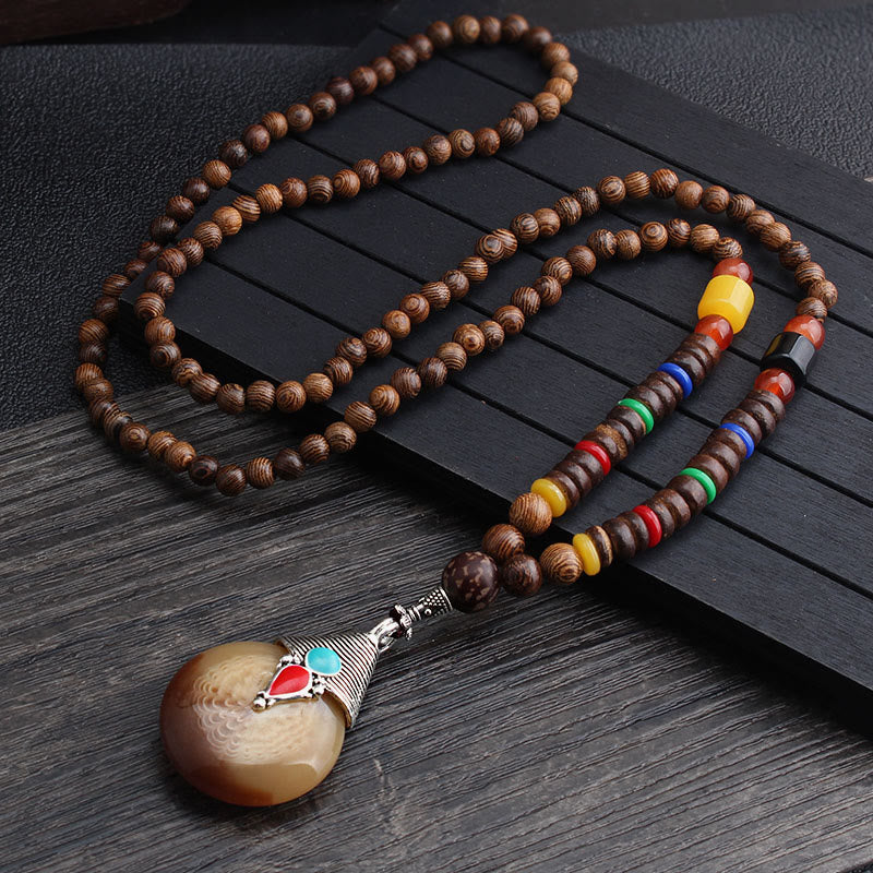 Tibetan Wenge Wood Bodhi Seed Agate Balance Peace Necklace Pendant