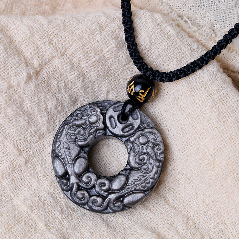 Natural Silver Sheen Obsidian Double PiXiu Copper Coin Peace Buckle Protection Necklace Pendant