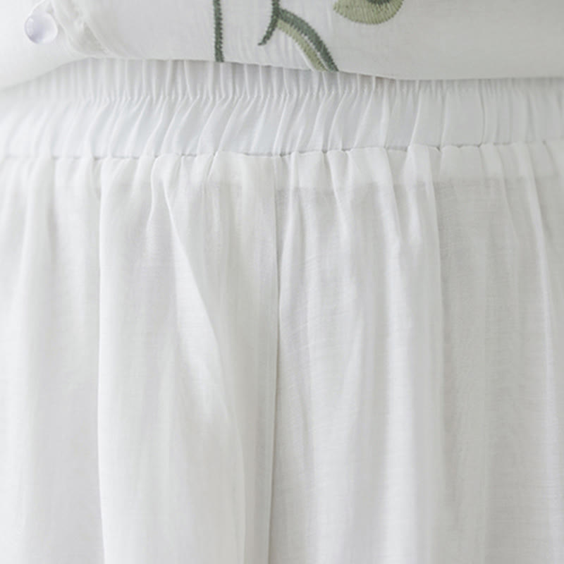 2Pcs Flower Embroidery Short Sleeve Tee T-shirt Wide Leg Pants Set