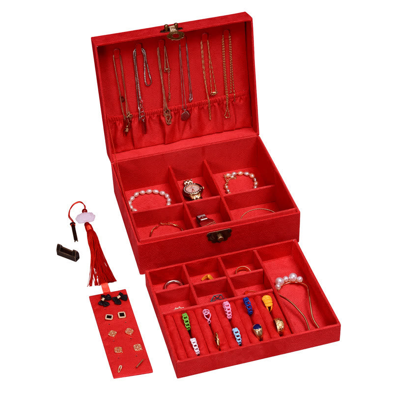 Elegant Two-Layer Flannel Jewelry Box Organizer with Secure Lock