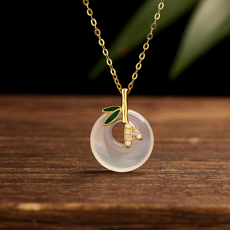 925 Sterling Silver Natural Chalcedony Bamboo Leaf Peace Buckle Positive Necklace Pendant