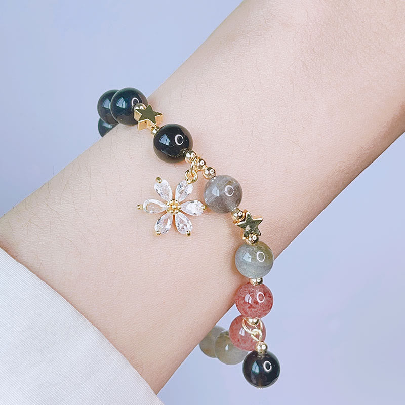 Natural Silver Sheen Obsidian Love Heart Star Flower Protection Bracelet