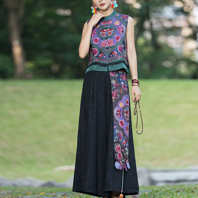 Frog-Button Embroidery Flowers Cotton Linen Tang Suit Design Sleeveless Vest