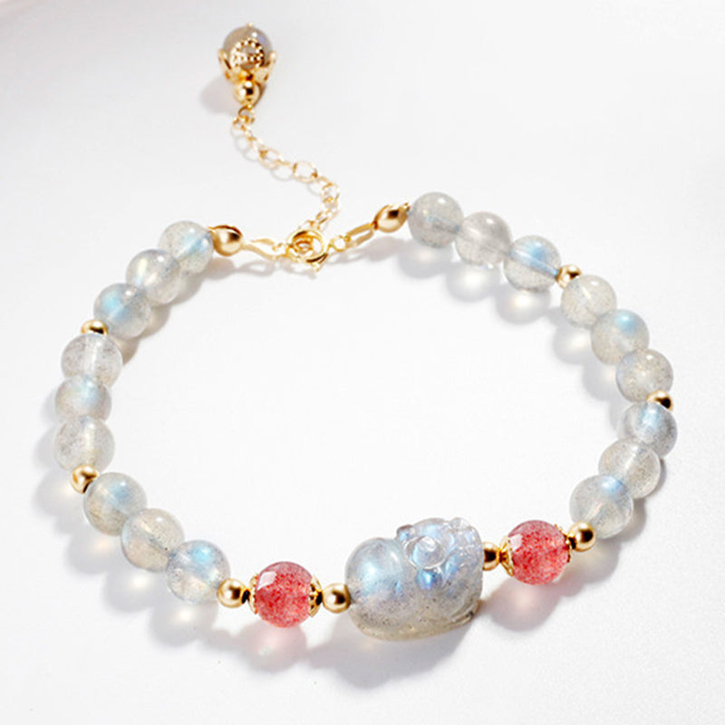 Moonstone and Strawberry Quartz Gold Pixiu Beaded Bracelet