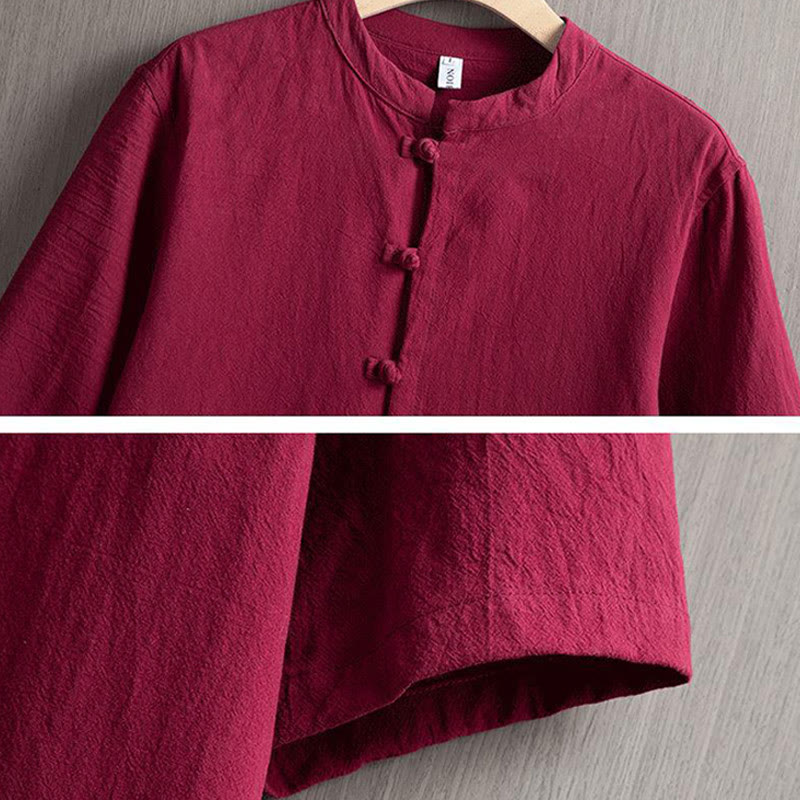 Frog-Button Plain Chinese Tang Suit Short Sleeve Shirt Cotton Linen Men Clothing