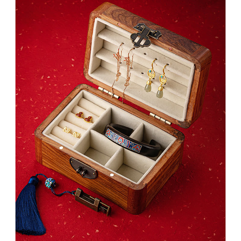Retro Handmade Floral Rosewood Lockable Jewelry Storage Box & Keepsake Organizer