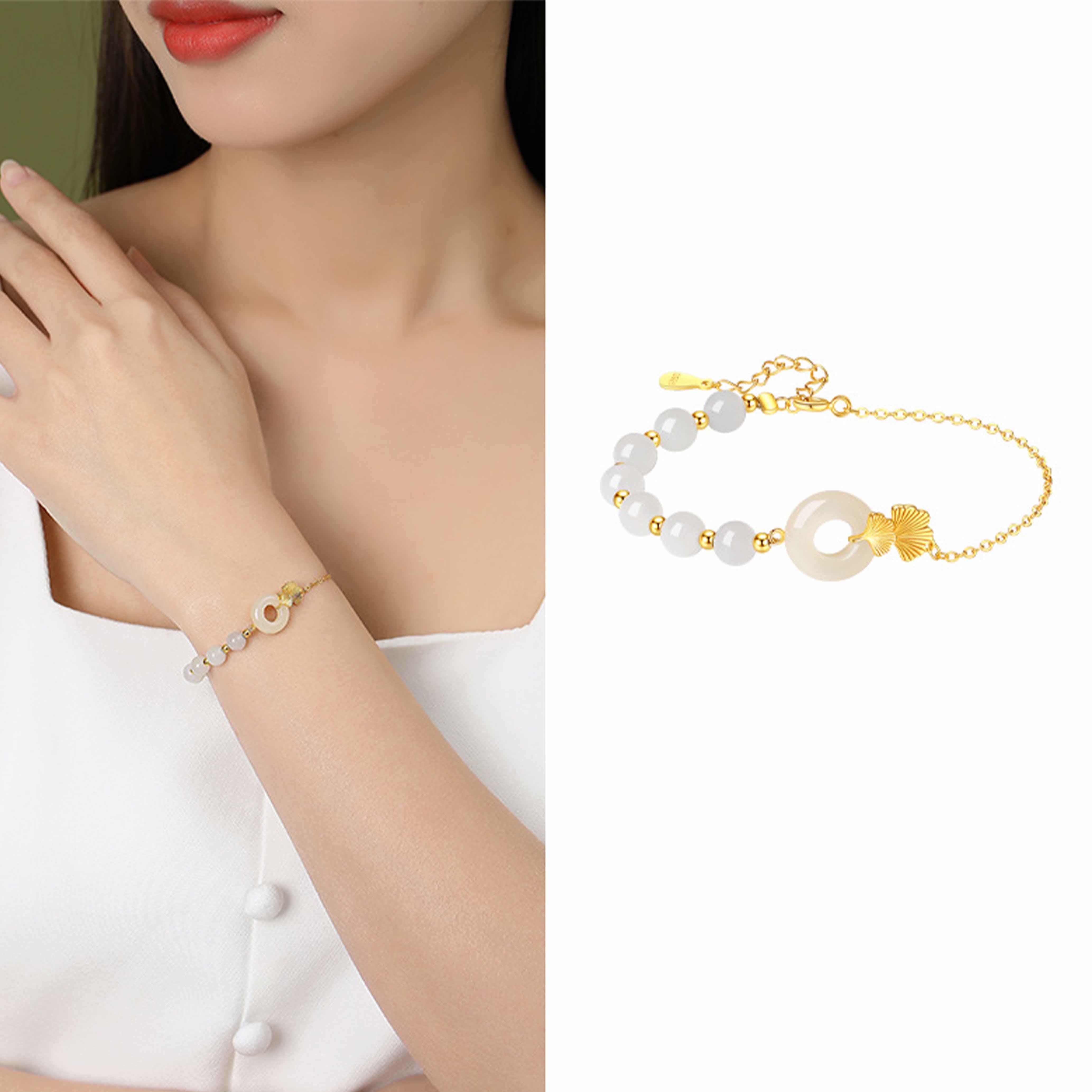 925 Sterling Silver Hetian White Jade Peace Buckle Ginkgo Leaf Luck Bracelet