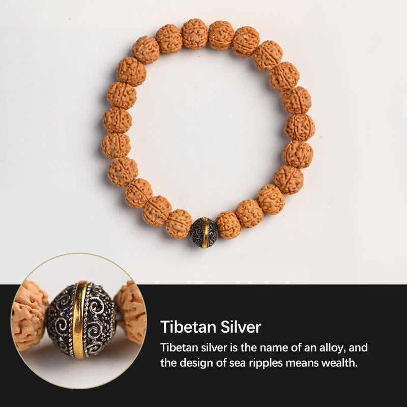 Tibetan Rudraksha & Bodhi Seed Bracelet with Hetian Jade and Gold Sheen Obsidian