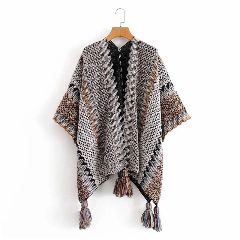 Tibetan Shawl Gray Brown Striped Knitted Tassels Winter Cozy Travel Scarf Wrap