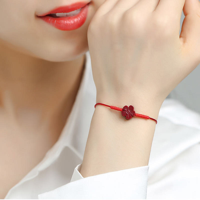 Handmade Cinnabar Braided Red String Bracelet with Carved Symbolic Charms
