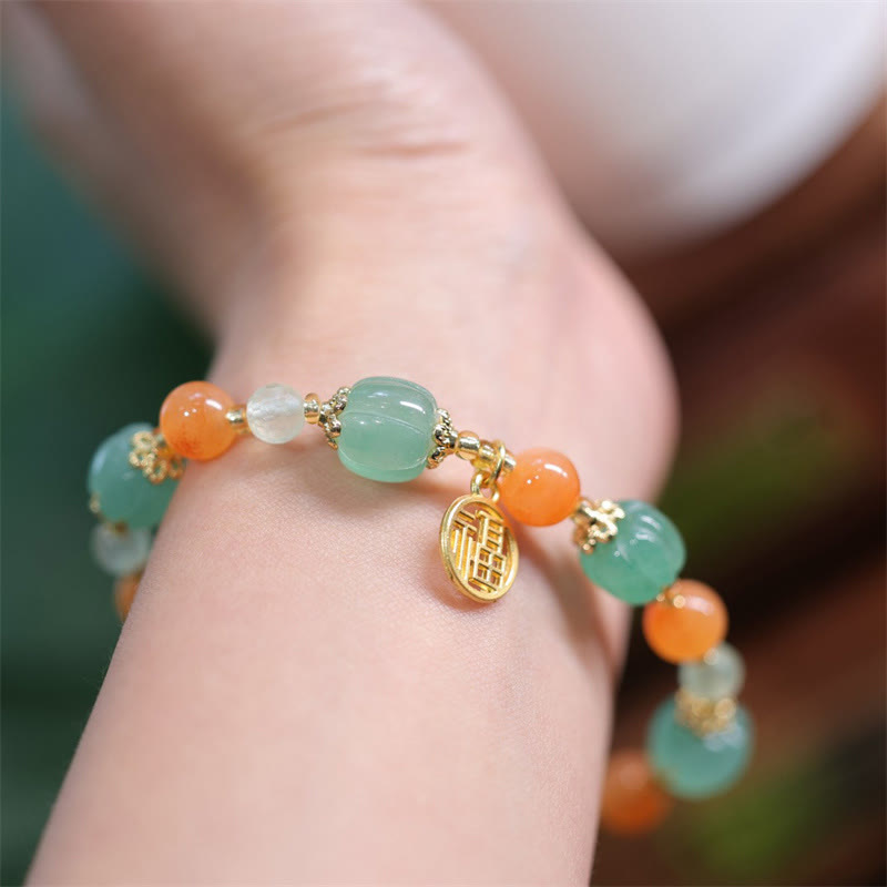 Natural Golden Silk Jade and Prehnite Carved Pumpkin Bead Fu Charm Bracelet