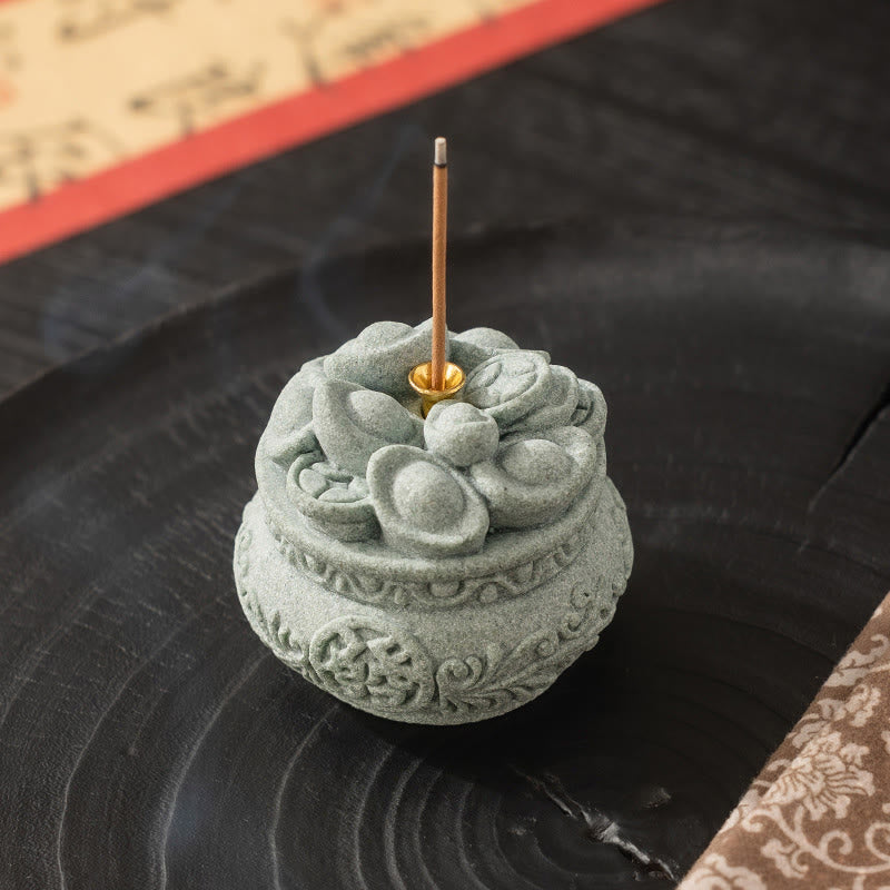 Goldstone Sycee Ingot Incense Burner with Fu Symbol Desk Meditation Tool